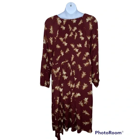 Ava & Viv Size 2X Dress Rust Brown SMOCKED FLORAL MIDI DRESS Long Sleeve V Neck - Picture 9 of 9